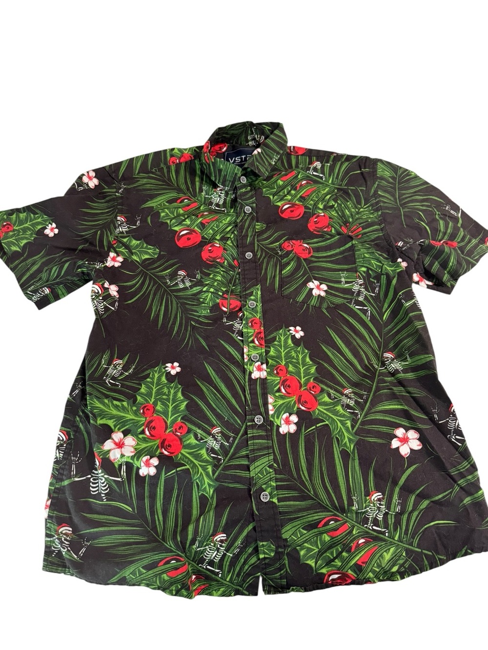VSTR Mens Christmas Holiday Button Down‎ Shirt XL Tropical Skeleton Santa Black